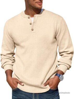 Men's Cable Knit Henley Pullover Sweater Long Sleeve Slim Fit